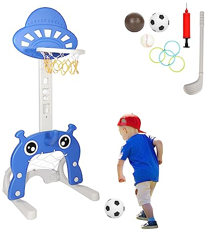Sonnewelt 4 in 1 Kinder Basketballkorb Set -Basketballkorb für Kinder, höhenverstellbarer Basketballständer, Fußballtor & Wurfspiel für Kleinkinder - Basketballkorb Indoor Kinder