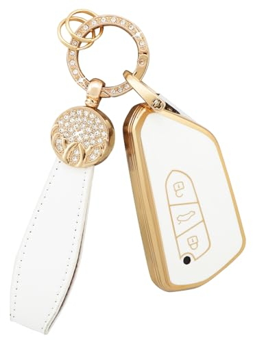 BLINGOOSE Schlüsselhülle für VW Golf 8 ID4 ID3 Cupra Formentor Skoda Octavia Enyaq Seat Leon Zubehör 3 Tasten Autoschlüssel Schlüsselcover Glitzer Schlüsselanhänger TPU Girly Weiss Gold