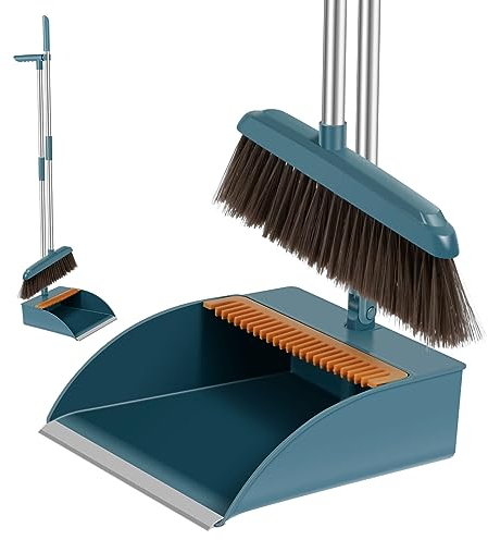 Ensemble pelle à poussière et balayette à long manche avec design magnétique, balai et pelle à poussière avec dents de peigne, brosse de balayage verticale et pelle à poussière pour la maison, la