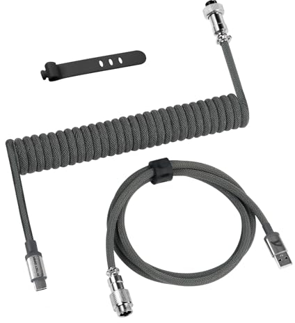 ATTACK SHARK C01 PRO USB C Cable Espiral para Teclado Gaming, Tipo C a USB A Trenzado Cable Aviador para Mecánico Teclado, Cable con Conector de Metal Desmontable, Gris