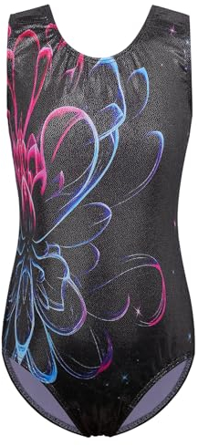 ZNYUNE Mädchen Balletttrikot Bunte Flocken von Schnee Element Kinder Gymnastik Sportbekleidung Gymnastikanzug 3-12 Jahre, Schwarzblume, 11-12 Jahre