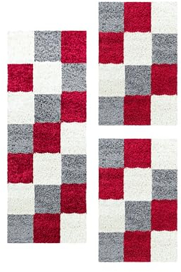 Carpetsale24 Bettumrandung Schlafzimmer 3 teilig Shaggy Hochflor Teppich Rot Bettvorleger Schlafzimmer Bettset: 2 St. 60x110 cm | 1 St. 80x250 cm - Teppich Läufer Set Kariert Design