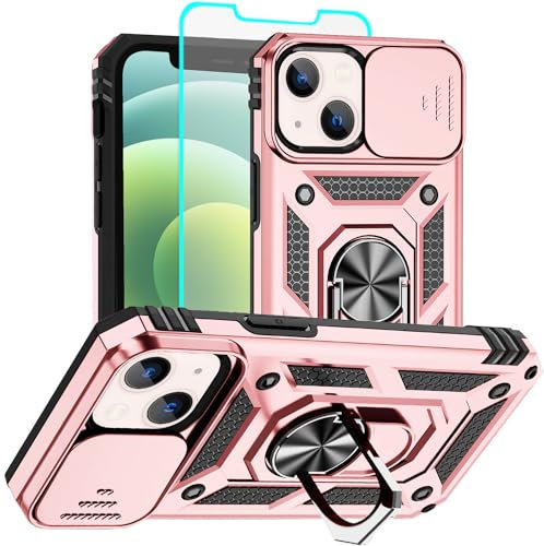 Aozuoton for iPhone 12 Mini Case with Screen Protector：Dual Layer Military Grade Drop Protection Magnetic Ring Kickstand - Camera Lens Protective Phone Case for iPhone 12 Mini rose gold