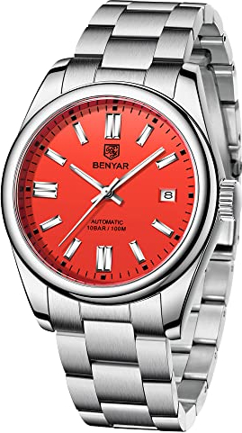 BENYAR 5185 Herren Automatikuhr Edelstahlband Wasserdicht Leuchtend Casual Business Sport Analog Selbstaufzug Armbanduhr Datum, rot, Klassisch