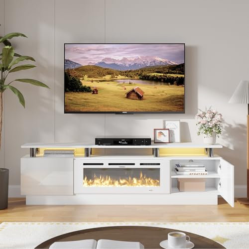 oneinmil Meuble TV de cheminée avec cheminée électrique de 91,4 cm, support console TV à 2 niveaux pour téléviseurs jusqu'à 80, centre de divertissement avec lumière LED, cheminée pour le salon,