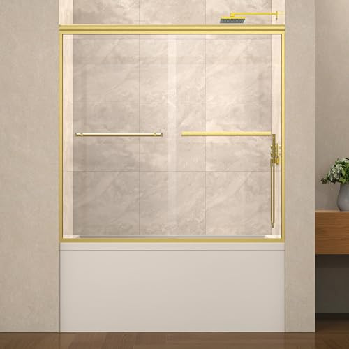 Porte de douche semi-cadre double coulissante en verre trempé SGCC de 6 mm d'épaisseur, or brossé 152,4 x 147,3 cm (l x H)