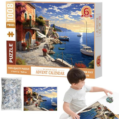 Weihnachtskalender Puzzles Weihnachtspuzzle Adventskalender 2024 | Vintage Weihnachtspuzzle | Weihnachts-Countdown-Puzzle für natürliche Hafenlandschaft, 6 Boxen mit 1008 Teilen, für ad