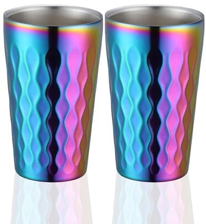 DOCBLACK Stainless Steel Wine Tumbler, 12.3 oz/350 ml Stackable Double Walled Cup, Rainbow Shatterproof Metal Beer Glasses for Outdoor Travel, Reusable Heat Resistant Dishwasher Safe, Pack of 2