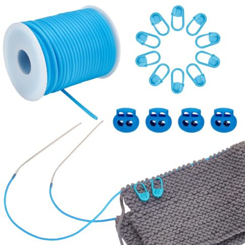 NBEADS 27 Yards Stitch Keeping Cords, 3mm Hollow Rubber Tubing with 4Pcs Cord Locks and 30Pcs ABS Stitch Needle Clip for Holding Stitches Bracelet Necklace Beading, Light Sky Blue