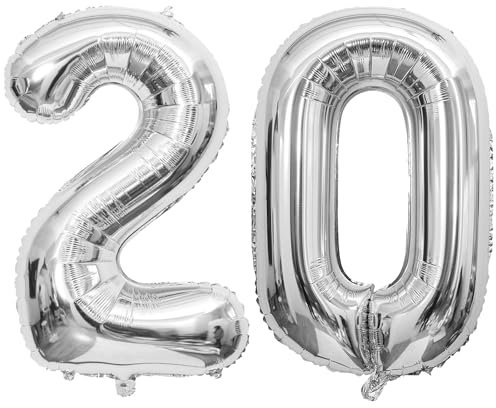 40 Inch Silver 20 Number Balloons,Silver 2 & 0 Foil Large Balloons,20 Big Digit Number Balloon for Girls Boys 20th Birthday Anniversary Decorations Graduation Party Supplies