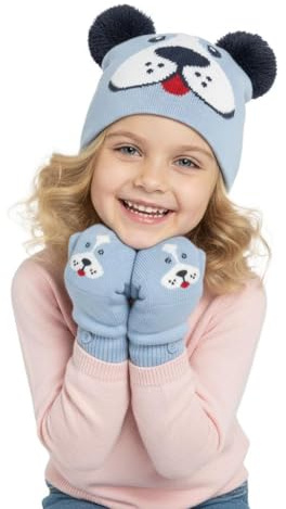 A2Z 4 Kids Girls Boys Hat Dog Animal Mitten Set Durable Stylish Winter Warm Cozy Comfortable Beanie Caps Mitten Winter Accessories Gloves Sets
