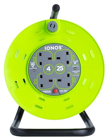 IONOS 4 Socket Cable Reel, 25m, Green, 13 Amp, Thermal Cut Out, Heavy Duty, Outdoor Extension Lead, Ideal for Garden, Workshop, DIY, Power Tools (ION25M13ACR2)