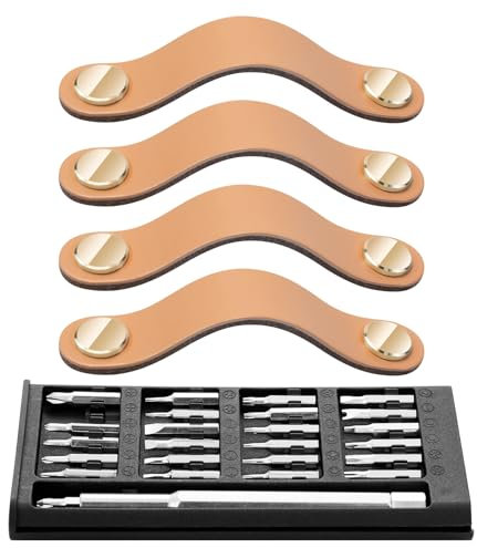 Marveleese 4pcs Leather Drawer Handles Drawer Knobs Kitchen Cupboard Handles Leather Drawer Pulls, Door Knobs for Cupboards, Wardrobe, Dresser, Closet (Beige, 96mm Hole Center)