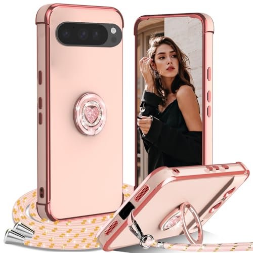 Cover per Google Pixel 9/Pixel 9 Pro con Cordino, con Supporto ad Anello Cuore, Custodia Sottile Morbido Silicone TPU Antiurto Dorata Placcatura Protettiva Case Regolabile Collana Tracolla, Rosa