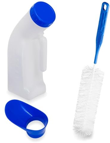 ARNOMED® PP Urinflasche Universal für Männer & Frauen 1L [MIT BÜRSTE], Urinhilfe für Unterwegs mit Verschlusskappe, Eckige Harnflasche, Pinkelflasche für Notfälle, Urinente, Urinal