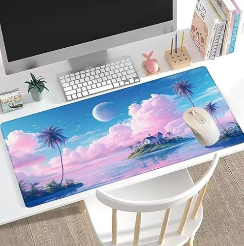 Alfombrilla Ratón Rosa Fondo de Goma Natural Antideslizante Alfombrilla Gaming Islas Alfombrilla Raton Extendida de Gran Tamaño con Bordes Cosidos, Oficina, para Accesorios Juegos 900x400x3mm W5-658
