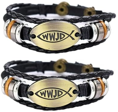 2 Stück WWJD Lederarmband, für Herren und Damen, What Would Jesus Do, handgewebtes Perlenfisch-Armband, katholischer christlicher Schmuck, One Size, Leder, Kein Edelstein