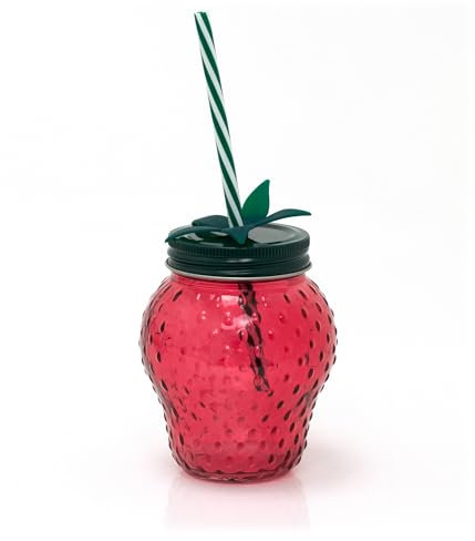 Carousel Home Strawberry Glass Drinking Jar with Lid & Straw | Fun Summer Red Strawberry Mason Jar | Novelty Glass for Picnics, Parties & Outdoor Cocktails - 450ml