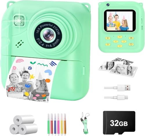 Sofortbildkamera Kinder, 1080P Digitalkamera mit 3 Druckrollen, 32GB Karte & Hülle, Kinderkamera mit Spielen, Filtern, Musik, Geschenk 3–12 Jahre (olivgrün)