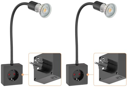 ledscom.de 2x Steckdosenlampe LESCH Leselampe, chrom/schwarz inkl. GU10 LED (warmweiß, 7,6W, 1103lm, 33°)