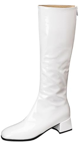 Qynthra Stivali al Ginocchio Donna in Pelle Verniciata Punta Quadrata Tacco Medio Blocco Zip Laterale Stivali Lunghi per Autunno Inverno Serata & Streetwear Lucidi,Bianca,40 EU
