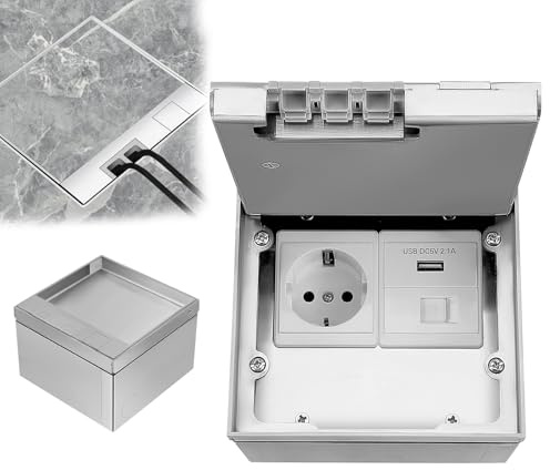 Bodensteckdose Edelstahl IP44: Bodentank & versenkte Einbausteckdose | Wasserdicht für innen: Steckdose Arbeitsplatte mit unsichtbarem Deckel. Inkl. 4000W Schuko, USB-C & LAN fürs Büro.