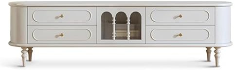 BiaBuiMM Mueble TV Amplio, Mesa de TV para Salon Moderno con 4 Cajones y Puertas de Cristal, Consola Multimedia Abatible para Dormitorio, Hotel