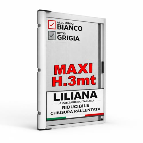 Zanzariera a Rullo LILIANA MAXI L 150 x H 300cm Laterale Riducibile per Porta Finestre Con Chiusura Rallentata e Magnetica - Bianco RAL9010 con Rete in Fibra di Vetro Grigia - Made in italy