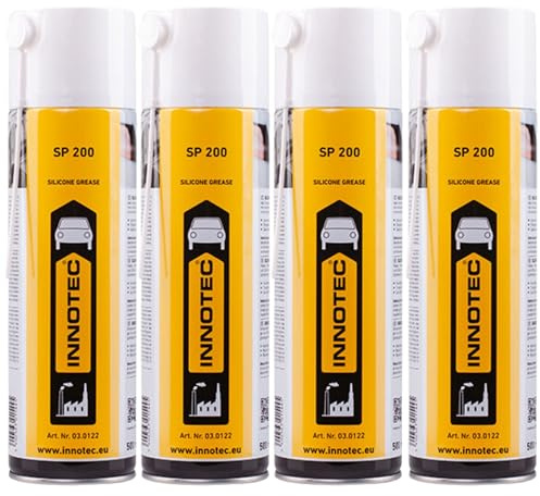 4 Stück INNOTEC SP200 Silikonfett Spray 500 ml – hochwertiges, wasserabweisendes Silikon Sprühfett, schmiert Kunststoff, Gummi, Metall, verhindert Festfressen, erleichtert Gleitbewegungen an Bauteilen