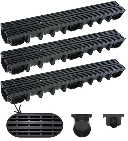 Megaa store 3m Entwässerungsrinne 98 mm – Komplettset A15 Kunststoffrinne Schwarz/Grau/Verzinkt Verschiedene Rostmuster Drainagerinne Bodenrinne (3 Meter, Schwarz Linie)