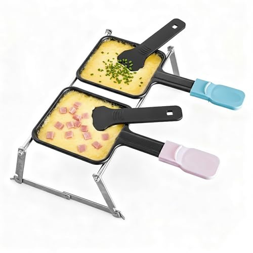 Kosmosta Tragbares Mini Raclette Set für 2 Personen, 2 Antihaft Pfännchen Blau & Pink, 2 Nylon Spatel, Klappbarer Metallständer, Raclette Grill für Camping, Picknick, BBQ & Outdoor Tischgrill