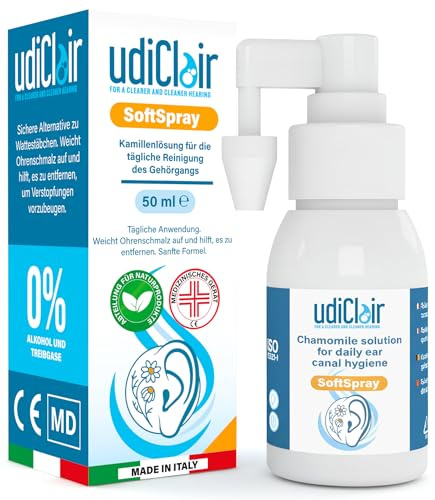 Ohrenschmalz Entferner UdiClair SoftSpray 50 ml - Vorbeugung und Entfernung von Ohrenschmalzpfropfen für Erwachsene Senioren und Kinder Isotonische Lösung 0% Alkohol mit Kamille Made in Italy