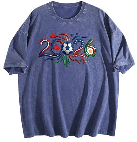 Maglia Coppa del Mondo 2026 T-shirt Coppa 2026 Estate Rilavato Stampato Originale Taglio Ampio Stile Retrò Camicetta Uomo Rosso, Blu scuro, S