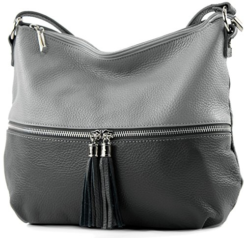 modamoda de T159 Damen Leder Umhängetasche Schultertasche Medium handmade in Italy, Farbe:Grau/Dunkelgrau
