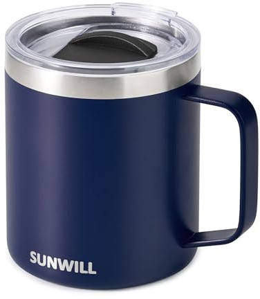 SUNWILL Insulated Coffee Mug with Lid, Travel Tumbler with Handle, 14oz Stainless Steel Cup for Camping, Office, Home, Powder Coated Navy Blue