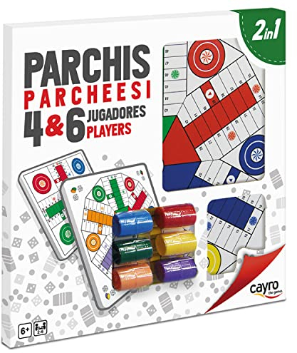 Cayro - Parchís y Oca - + 6 Años - Tablero Madera - Doble Juego Clásico de Mesa - Niños y Adultos - 6 Cubiletes, 24 Fichas y 6 Dados - 2 a 4 Jugadores