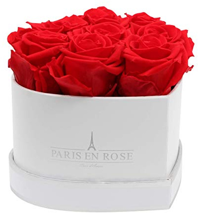 PARIS EN ROSE Rosenbox HERZ | mit 8 roten Infinity Rosen Größe XL | herzförmige Box in Weiß mit Silber | ewige Rose | 3 Jahre haltbar | Grußkarte
