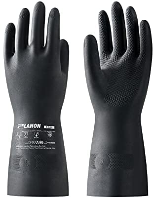 LANON Gants de Protection Chimique en Caoutchouc Naturel, Gants de Travail de Sécurité Réutilisables, Résistants aux Produits Chimiques, Acides et Alcalis, EN 374, Noirs, XL/10