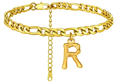 PROSTEEL Damen Knöchelkette 18k vergoldet Buchstabe R Charm-Fußkette 22+5cm Figarokette Fusskettchen mit Initiale Anhänger schicke Fußarmband Fußschmuck Accessoire für Frauen Mädchen