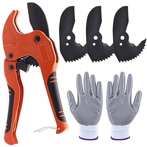 Glarks Rohr- und Rohrschneider mit Klinge und schnittfesten Handschuhen Set, Einhand-Schnellschneide-Rohrwerkzeug zum Schneiden von 1-5/8 Zoll PEX, PPR, PVC, Aluminium-Kunststoff Schläuche und Rohre