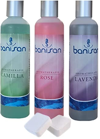 Whirlpoolduft Banisan Badezusatz Whirlpool Aromatherapie 3 Düfte Rose, Lavenda, Camilla 250 ml. mit 2 Filterreinigungstabletten
