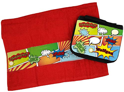 Eurofoto Handtuch + Kulturbeutel Set mit Namen Wolfgang und Comic-Motiv für Jungen | Handtuch und Kulturbeutel Bedruckt |