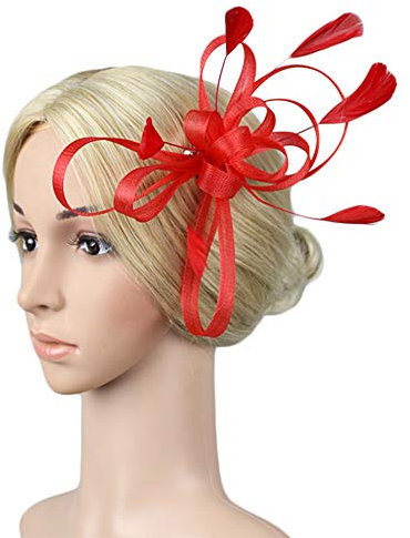Women Ladies Flower Feather Fascinators with Headband Clip Wedding Bridal Flower Feather Fascinator Hair Clip Pillbox Hat Flower Derby Hat Wedding Fascinator Bride Headwear Hair Accessories
