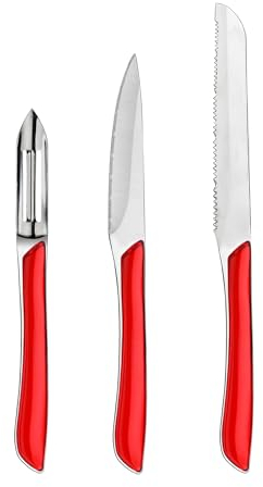 Amefa - 3-teiliges Küchenmesser-Set – Officemesser, Schälmesser und Gemüsemesser – Eclat – Edelstahl 13 C, Hochglanz-Finish – Rot