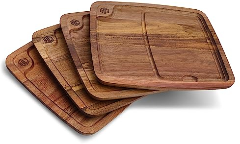 HexClad Cookware Lot de 4 assiettes à steak carrées en bois Bistecca avec canal à jus pour viandes, faciles à nettoyer, légères et durables
