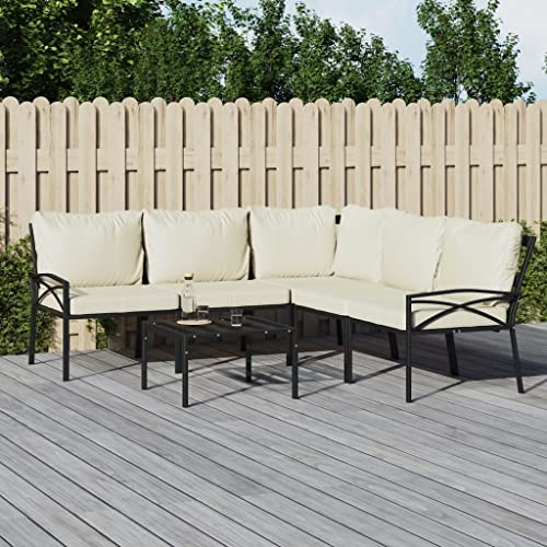 Willood 6 TLG. Garten Lounge Set mit Sandfarbigen Kissen Stahl Sessel Hocker Beistelltisch mit Sitzkissen für Garten Balkon und Terrasse