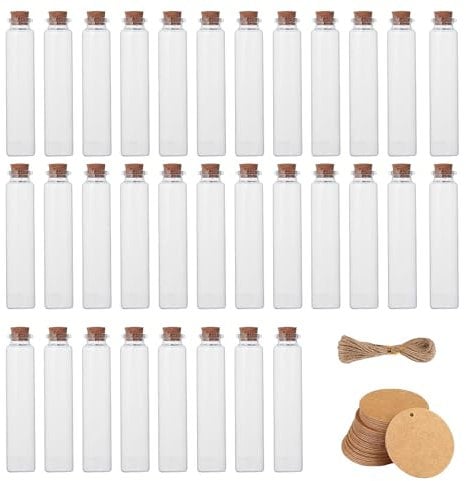 BaiBaoHui 32pcs 20ml Glass Bottle with Stopper - With Gift Tag and Twine for Wedding Favours, Party Decoration, Crafts - Small Glass Containers for Spices, Essential Oils, Beauty Samples