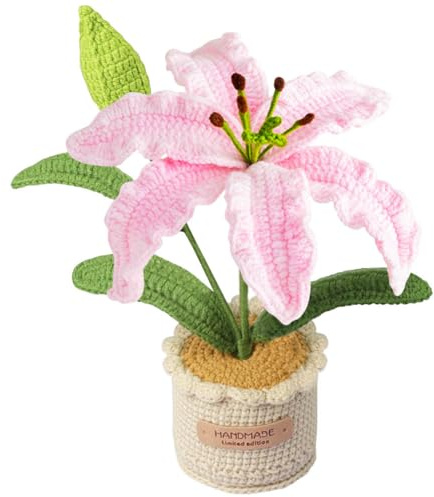 Magicherry Piante in vaso di giglio all'uncinetto, fiori finti per amici, familiari e amanti, fiori artificiali fatti a mano per compleanno e decorazione della casa, rosa
