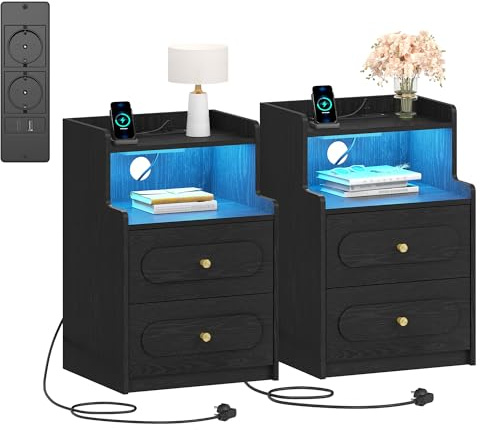 HEXCELEN Nachttisch, 2er Set, Beistelltisch mit 2 Schublade, Nachttisch mit offenem Fach, Nachtschrank im Schlafzimmer, Nachtschrank aus Holzwerkstoff, Sofatisch, für Schlafzimmer Wohnzimmer Schwarz