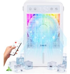 Climatizzatore Portatile Silenzioso 1500ML, Condizionatore Portatile 5 Velocità & 3 Modalità, Raffreddatore D'aria con Display LED & Telecomando, Luci LED Colorate, Timer 2-10H, Alette 70°, USB-C